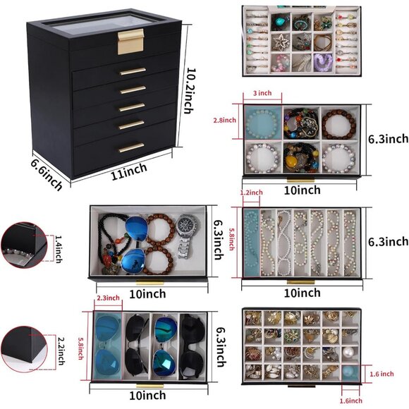 Jewelry Box for Women, Black 6 Layer Large Jewelry Organizer with Glass Lid for - Picture 3 of 7